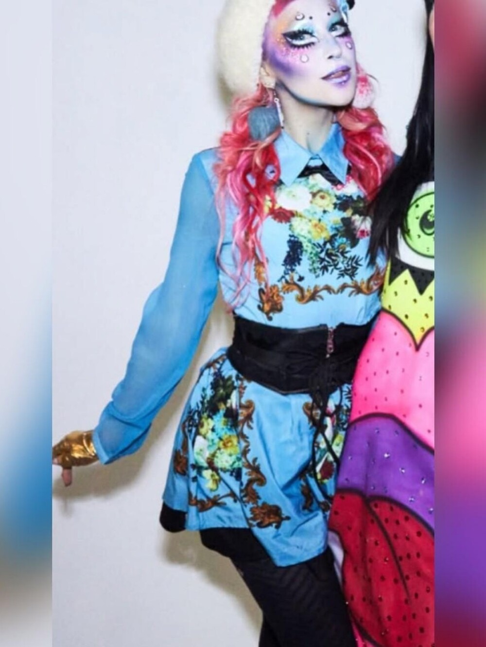 Romwe Blue Floral Long Mesh Sleeve Peter Pan Collar Mini Dress